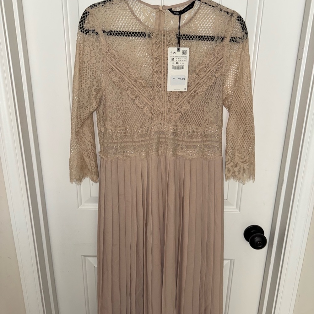 Zara Beige Lace Long Sleeve Dress
